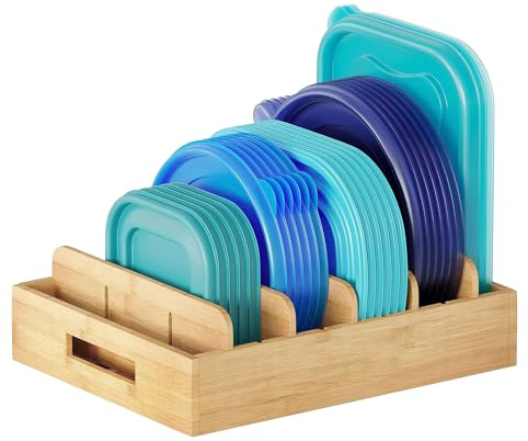 APOMOONS Bambus Topfdeckel Aufbewahrung, Deckel Organizer Küche Topfdeckelhalter Schublade, Tellerständer Holz Küchen Organizer mit 5 Verstellbaren Trennwände Griffen, Pfannen Organizer Schublade
