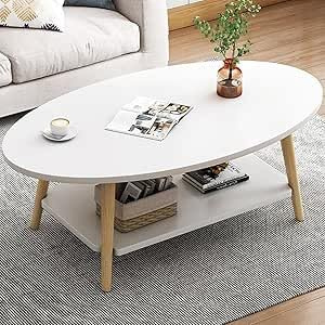 Soffbord, vitt sidobord för vardagsrum, elliptisk ände med träben, 80 x 40 cm cocktailbord med förvaringshyllor, 2 nivåer för lägenhet och hemmakontor (oval, vit, 80 x 40 x 40 x 40 cm)