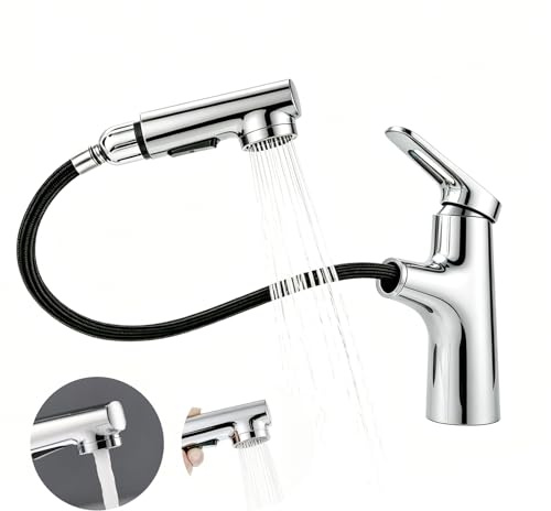 Wasserhahn Bad Ausziehbar, Badarmatur Waschbecken, Waschtischarmatur Mit Herausziehbarer Brause, Einhand-Waschtischbatterie, Wasserhahn Mit Brause, Mischbatterie Armatur FüR Badezimmer