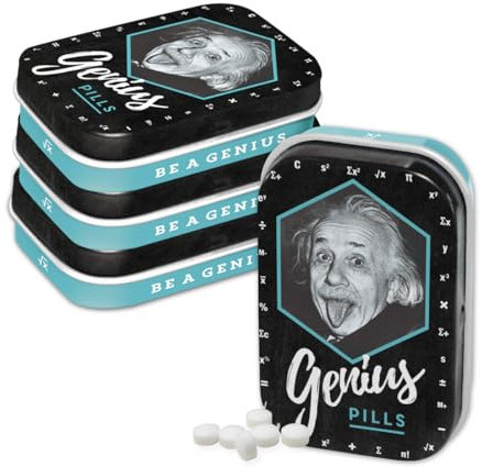 Nostalgic-Art Retro Pillendose, 4 x 6 x 1,6 cm, Einstein – Genius Pills (4er-Set) – Geschenk-Idee für Studenten, Original Lizenzprodukt (OLP), mit Pfefferminz-Dragees, Vintage Design