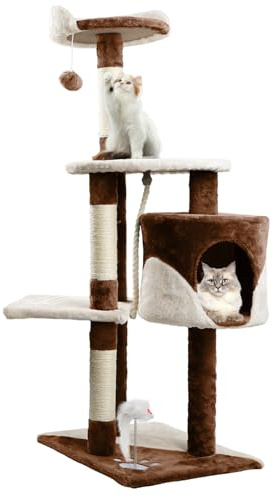 Nobleza Rascador para Gatos, Altura 118.5 cm, Árbol Estable para Gatos, 3 Plataformas, 1 Cueva, 1 Pompón, 1 Peluche, Marrón