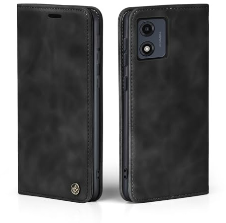LBH Funda para Motorola Moto E13 en color negro con tarjetero y compartimento para dinero, funda con función atril, cierre magnético, estilo vintage