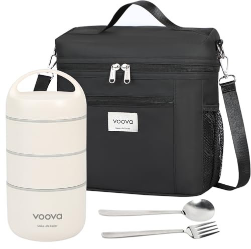 Voova Stackable Stainless Steel Thermal Lunch Box with Lunch Bag and Cultery Set for Adult Women Men, 3 Tier Leakproof & Microwave Safe Insulated Bento Boxes Food Container for Work, Black