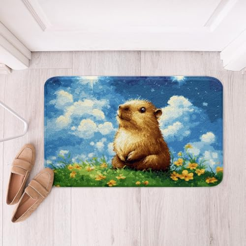 Capybara Kids Bath Mats,Glitter Starry Sky Romantic Mats Rugs,Boys Girls Room Decor,South American Rodent Animal Bath Carpets,Blue Green Bath Rugs,Absorbent Floor Mats,20Wx32L Inches