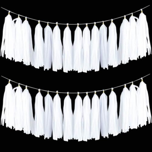 Ainmto 15 Stück Seidenpapier Quasten Girlande, Papier Quasten Banner für Party Dekorationen–(Weiß)