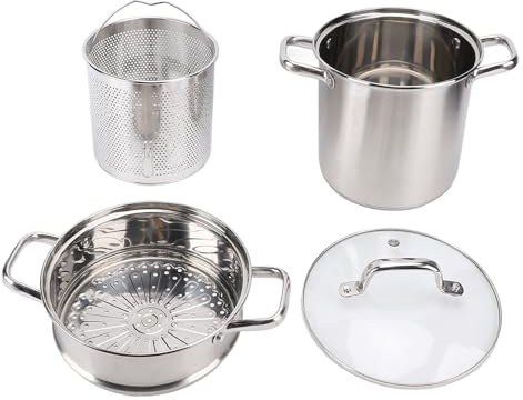 Olla de acero inoxidable con canasta, olla grande con vaporera y tapa vidrio, olla para sopa olla cocinar, para enlatar, freír mariscos, hervir, 8 pulgadas alto x 12 pulgadas