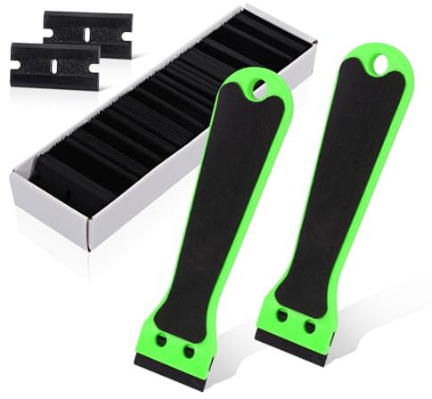 Ehdis 2 pcs Plastic Scraper with 100 Plastic Razor Blade, 6inch Long Handle with EVA Foam, Adhesive Remover, Sticker Remover, for Remove Label, Glue, Sticky Stuff, Decal, Chartreuse