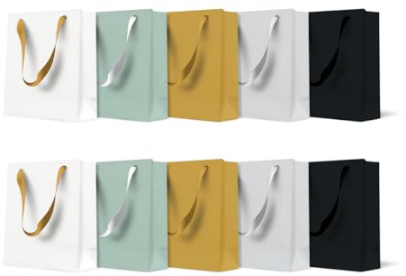 PAW - Sacs cadeaux 10 x 12 x 6,5 cm – Lot de 10 Sacs Cadeaux avec Anse en Tissu | Mélange de 5 couleurs Unies | Sacs élégants pour Anniversaires, Mariages, Fêtes Prénatales, Fêtes et Cadeaux