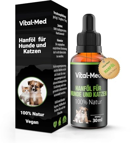 Vital-Med - hochdosiertes Hanfsamenöl für Hunde & Katzen - 30ML (750 Tropfen) - 25mg pro Tropfen - Premium Vital Hanfsamenöl - 100% Natur - Hanftropfen mit Omega 3-6-9 (Neutral)