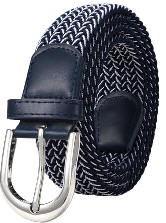 JasGood flätad stretch canvasbälte elastiskt vardagligt bälte för män och kvinnor, Mörkblå/vit + silverspänne, 100cm: Für Größe 66cm-79cm