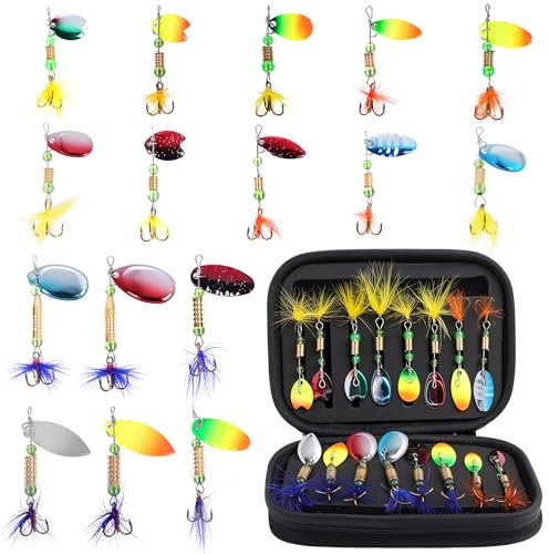 Vicloon Spinnköder-Set mit Aufbewahrungsbox, Pailletten-Spinner, Angelköder mit Haken, bunte Angelköder mit Pailletten und Federn für Forelle, Hecht, Barsch, Lachs, 16-teilig