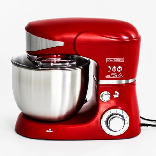 ROYALTY LINE, RLPKM1600-RED Robot Multifonction 1600W Rouge, Bol en Acier Inoxydable 6L, 6 Vitesses + Fonction Pulse, Accessoires Inclus, Idéal pour Pâtisserie et Cuisine