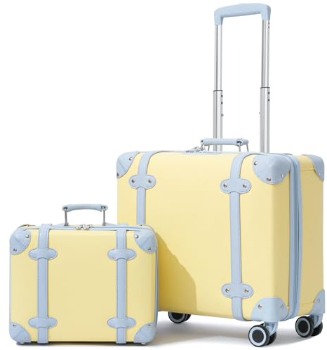 Miss.Box Vintage Carry on Luggage Set with Wheels for Women, Retro Trunk Style PU Leather Suitcase with Matching Vanity Case, 14 & 18 Set