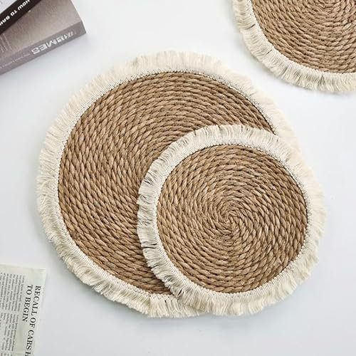tovagliette, Tovagliette tessute rotonde da 25/30 cm con nappe, tovagliette in giacinto d'acqua naturale, tovagliette in paglia intrecciata for tavolo da pranzo(Natural,30cm with tassels)