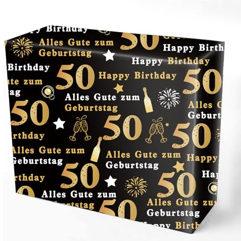 DazzJoy 5 Blatt Geschenkpapier 50. Geburtstag Deko,70x50CM Schwarz Gold Geschenkpapier Geburtstag,Gift Wrapping Paper Geschenk Papier 50 Geburtstage,50 Happy Birthday Wrapping Paper für Frauen Männer