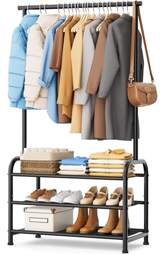 MISSLO Small Clothes Rail Heavy Duty, Clothing Rail with Shoe Storage & 3 Shelves, Bedroom Clothes Rack Metal Hanging Rails for Coats, Garment, Dresses, Black