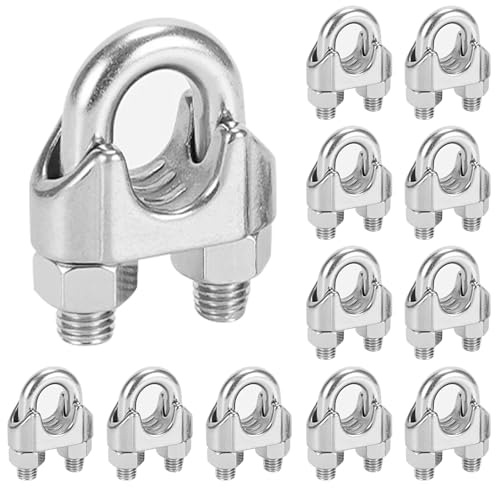 12 Pcs Morsetti per Cavo Metallico, Morsetti Serracavo in Acero Inossidabile 304, Clip per Fune Metallica a Forma di U per Fissaggio Cavi, Stendibiancheria e Palestra (M6)