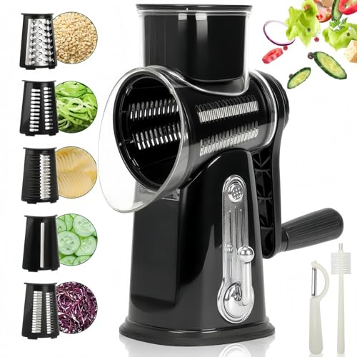 CHDEXU Drehbare Käsereibe mit Griff, manuelle Gemüsehobel, Reibe mit 5 abnehmbaren Edelstahlklingen, runde Reibe Hobel Handkurbel Lebensmittelzerkleinerer für Küche mit Klinge Aufbewahrungsbox