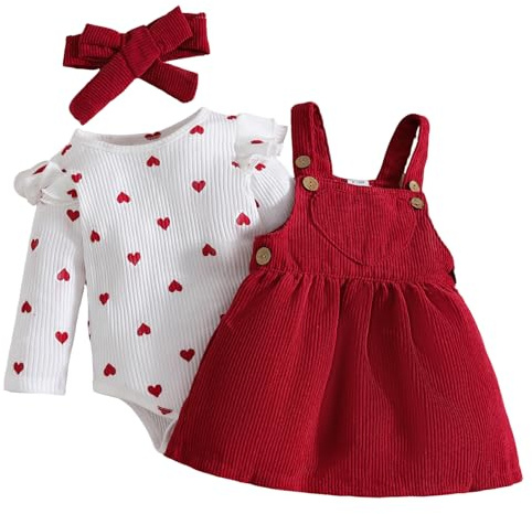 Yoolhamy Baby-Mädchen-Kleidung für Neugeborene, Kleinkinder, Mädchen, Kleid, Outfit, langärmelig, Rüschen, Strampler mit Schleife, Stirnband, Set für 0–18 Monate, rot, 0-3 Monate