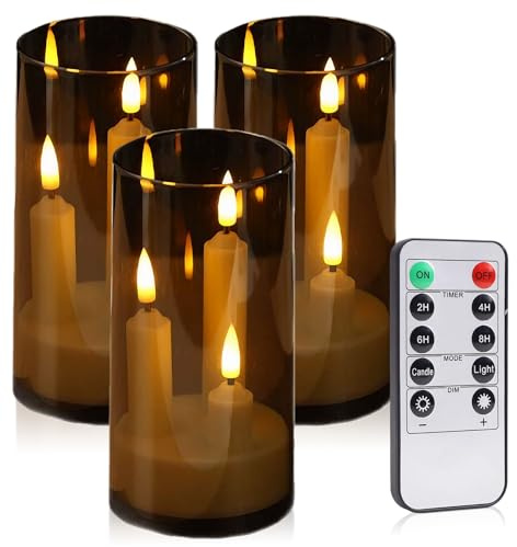 3 Stück 3 in 1 Flammenlose Kurze, Batteriebetriebene Kerze mit Fernbedienung und Timer, 7.5*15cm LED Acryl Stabkerzen Kerze, LED Kerzen für Bad Deko, Deko Wohnzimmer, Tischdeko Wohnzimmer(Grau)