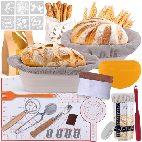 Komplettes Gärkörbchen Sauerteig Starter Set, Brot Backen Zubehör | 2 Silikon Gärkorb (25cm Ovale & 23cm Runde), Sauerteig Glas Set, Brotbackzubehör kit für Anfänger, Erfahrener Bäcker