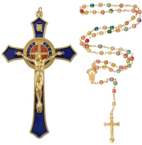WANDIC 2 crocifisso blu da parete, collana con croce di Gesù, per uomini e donne, collana decorativa con scritta in lingua inglese Jesus loves you, regalo cattolico per battesimo, Pasqua