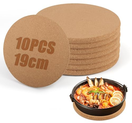 Vaskula 8 Stück Korkuntersetzer Rund 18,3cm Durchmesser Kork Untersetzer Topf 1cm Dicke Topfuntersetzer Aus Kork rutschfeste Topfuntersetzer Holz für Kaffee Tee Wasserkocher Töpfe Pfannen