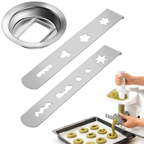 KLINNA 3 Stück Spritzgebäckvorsatz für fleischwolf mit Verbindungsring, 8 Formen Spritzgebäckaufsatz mit Verbindungsring, Gebäckvorsatz Set für Spritzgebäck Kekse Desserts Hackfleisch