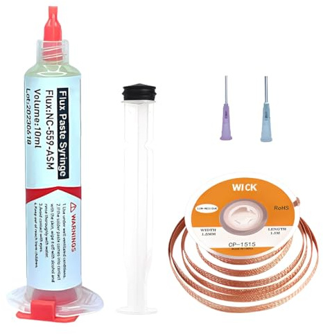 ROKZELT 5 Piezas Trenza de Soldadura y Pasta Fundente sin Limpieza (10 cc) - Kit de Desoldadura para Reparación de Componentes Electrónicos, Flux para Soldar Estaño sin Limpieza