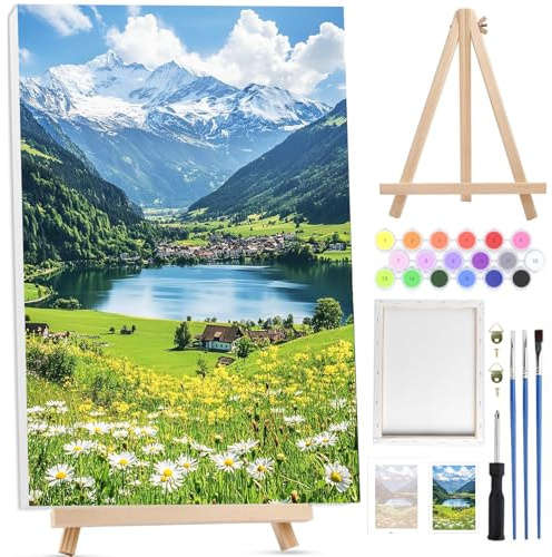 Bowetile Mountains måla efter siffror för vuxna med inramad duk och trästaffli, sjömålning efter siffror kit för vuxna nybörjare canvas-kit, färg oljemålning akrylfärger för hem väggdekoration 20 x 30