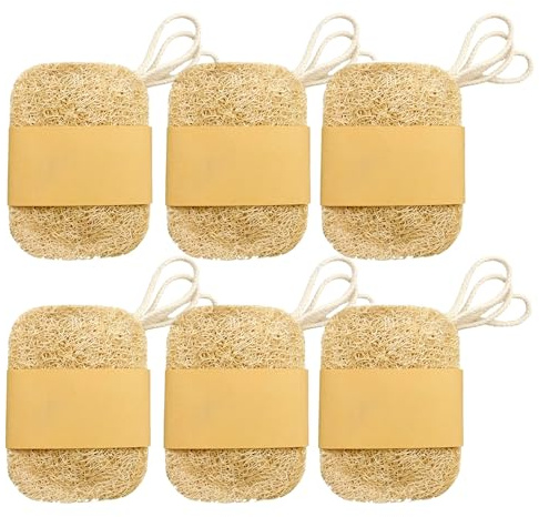 CATZUM Lot de 6 éponges naturelles en luffa à double couche - Carrées, idéales pour porte-savon/éponges de nettoyage dans la douche/salle de bain/cuisine/plan de travail (7×10 cm)