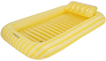 Flamingueo Havsmadrass - Tanning Pool Individuell - Mugghållare ingår - Hållbar PVC - Stor Storlek - Avtagbar Kudde - Gul