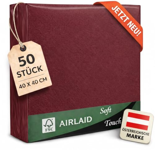 EV® Airlaid Servietten - 50 Stück, Bordeaux (40 x 40 cm) - Stoffähnlich | Stilvolle Tischdeko - Einfarbig, Saugstark & Elegant - Ideal für Hochzeit, Geburtstage & Feste