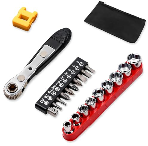 DIYCUT 1/4 Pulgadas Mini Llave de Trinquete Reversible, Llave Carraca | Carraca Pequeña con Magnetizador, 9 Dados y 10 Puntas, para Hogar, Coches, Bicicletas y DIY
