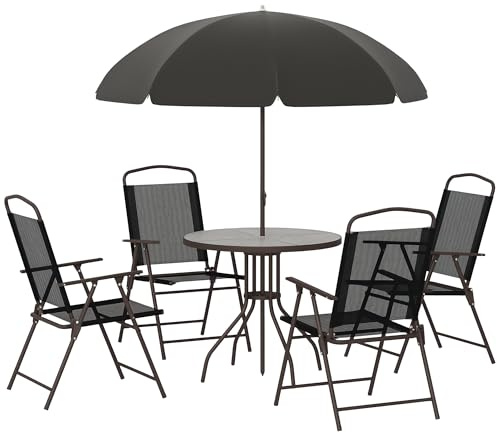 Outsunny Conjunto de Muebles para Jardín con 4 Sillas 1 Mesa y 1 Parasol Texteline Aluminio y Poliéster Negro