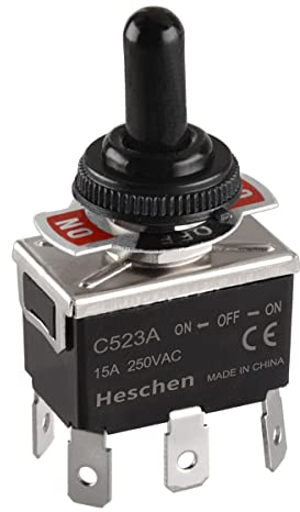 Heschen Metal Toggle Switch, C523A, DPDT, Maintained, ON/OFF/ON 3 position, 15A 250VAC, 6 Tab Terminal, CE, with Waterproof Cap (1)