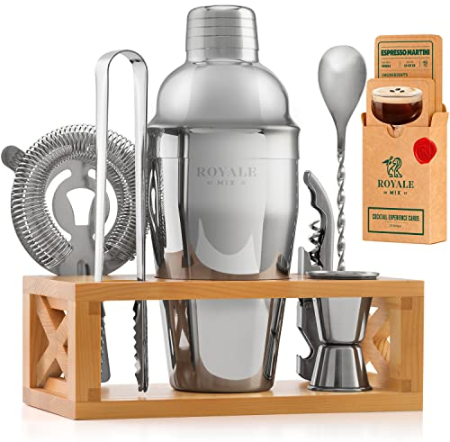 Mixology Bartender Kit con soporte – Set de coctelera de acero inoxidable para el hogar con tarjetas de cóctel – Kit de barra para gran regalo de inauguración de la casa – Juego de herramientas de bar