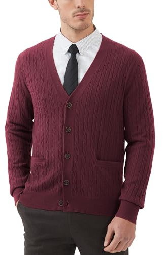 Kallspin Men’s Wool Blend Cardigan Sweater Cable Knit V Neck Button Jumper