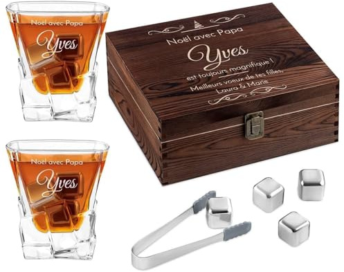Maverton Ensemble de Pierres à Whisky & 2 Verres gravés pour Couple | Verres Personnalisés à Whisky 250 ML, Boîte Personnalisée en Bois, Cadeau de Noël pour Vos Proches, Noël