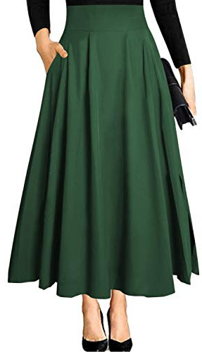 Ranphee Jupe Longue Femme Vert Chic et Elegant Taille Haute A-Ligne Maxi Midi Festival Fluide Trapeze Evasée Fendue Tenue avec Poche Fermeture Eclair S