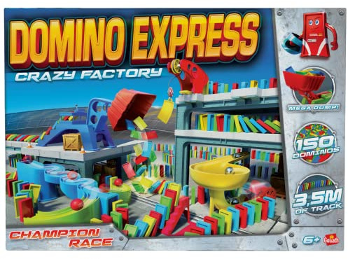 Goliath - Domino Express – Crazy Factory – Bauspiel – Domino-Fabrik – 3,5 m Lange Strecke – zum Spielen allein, mit der Familie oder mit Freunden – ab 6 Jahren