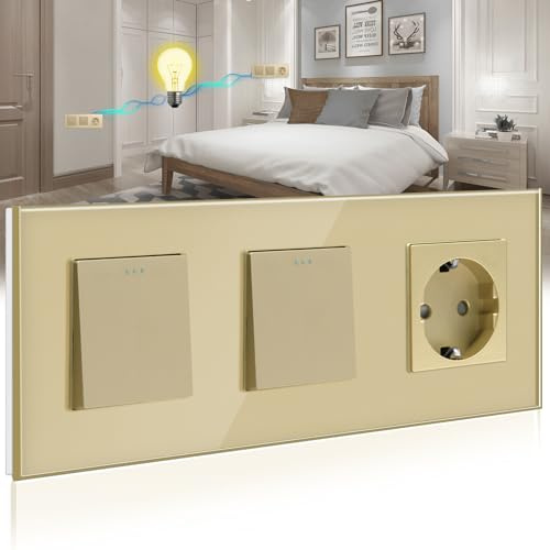 BSEED Doble Interruptor de pared con Enchufe,1 Gang 2 Vías Interruptor conmutador+16A Schuko Enchufe,10A Oro Interruptor de luz de botón pulsador con marco de cristal,Enchufes de pared para Cocina