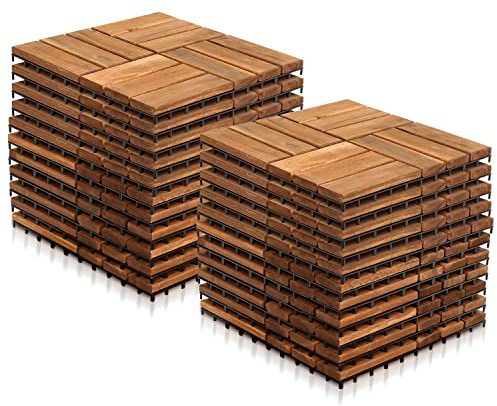 Vigevee Holzfliesen aus Akazien Holz 30x30cm,Holzfliesen für Balkon,12 Latten Fliese 2m²,Balkon Bodenbelag,Holzfliesen Balkon,Bodenfliesen für Terrassen und Balkon (22 Stück)