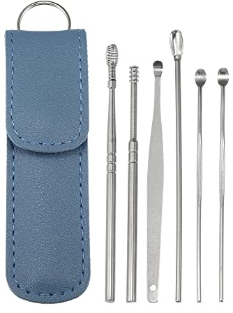 VOCOSTE 6pcs Inox Acier Oreille Nettoyage Outil Kit, Oreille Nettoyage Oreille Soin Set, avec Faux Cuir Emballage Bleu Clair