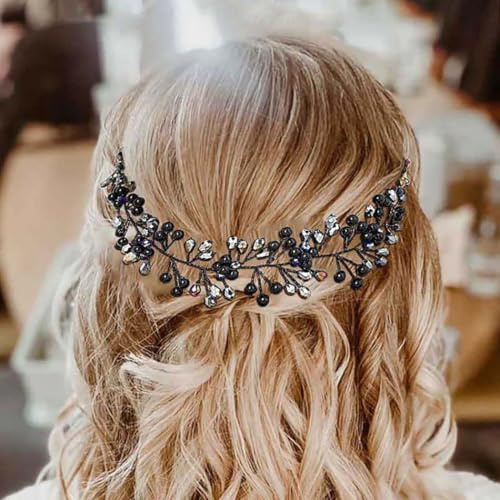 IYOU Vignes de Cheveux de Mariage en Cristal Serre-tête de Mariée en Strass Noir Accessoires de Cheveux pour Invités de Mariage pour Femmes