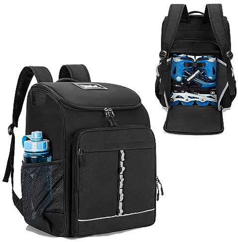 GOBUROUS Roller Skate Bag Fits Shoes Up to US Mens 13, Ice Skate Backpack with Top Helmet Pocket, Rollerblade Bag with Adjustable Padded Shoulder Strap for Inline, Figure, Quad, Speed and Hockey