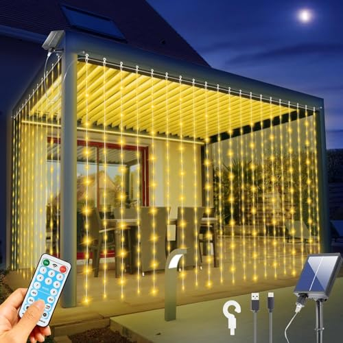 GCMacau Solar Lichtervorhang Lichterketten Vorhang 3x3m, 300 Leds Lichtervorhang Innen/Aussen Wasserfall Lichterkette,Wasserdicht,8 Modi Und Fernbedienung,Usb-Aufladung,Hängende Funkelnde Vorhänge