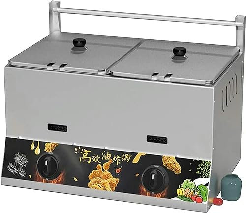 Commercial Gas Deep Fat Fryer Twin Tank, 22L Tabletop Stainless Steel Chip Fryer with Lid, Manual Adjustment Temperature, for Catering Takeaway Restaurant Café Coffee Shop