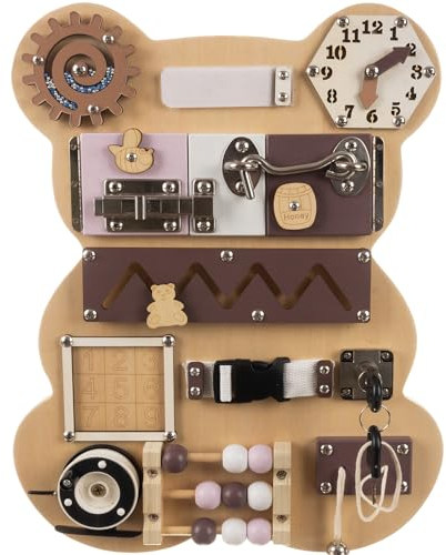 KRUZZEL Motoriktafel Montessori Holz Bär 10-in-1 – Motorikspielzeug & Busy Board für Kinder ab 3 Jahren – Sensorik Lernspielzeug, fördert Feinmotorik & Konzentration, 39×29,7×9 cm