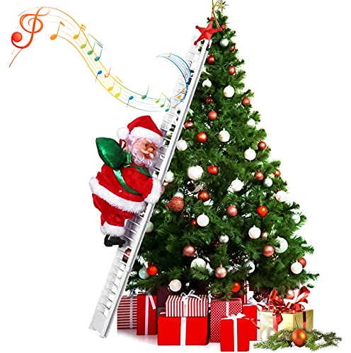 DZAY Kletternder Weihnachtsmann,Elektrisch Klettern Santa Claus Nikolaus Weihnachtsmann auf Leiter mit Musik Weihnachtsfigur Spielzeug Weihnachten Deko für Weihnachtsbaum Fenster (Kletterleiter 02)